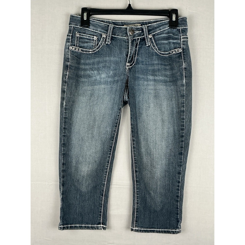 Earl Jean Womens Denim Capri/ Size 2P/Dark Wash Ultra Low Rise/Rhinestone...